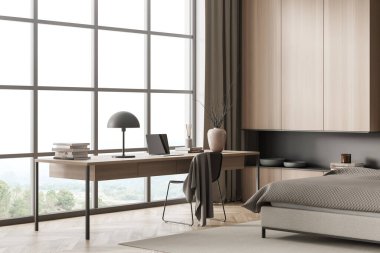 Yatak odasının içinde bej yatak, sandalye panoramik manzaranın yanındaki ofis masası, köşede perde ve ahşap malzemeler var. Parke zemin. Modern ev tasarımı kavramı. 3d oluşturma