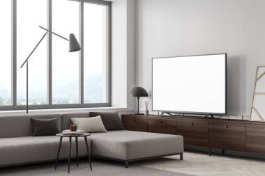 Misafir odasının içini gri kanepe, yan görüş kırsal panoramik pencere, parke döşeme beyaz daire. Boş TV görüntüsünü lambayla birlikte klozete kopyala. 3B görüntüleme