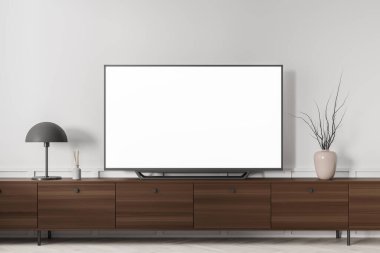 İçerisi ahşap komodinli, lamba ve dekorasyonlu, parke döşemeli, beyaz dairede. Boş televizyon görüntüsünü kopyala. 3B görüntüleme