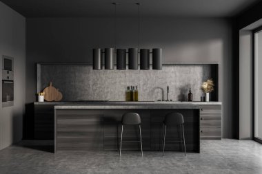 İki bar sandalyesi, ahşap masa, lavabo ve mutfak gereçleri, ön manzara, gri beton zemin. Minimalist mobilyalı lüks mutfak, 3 boyutlu görüntüleme