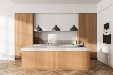 Ahşap iç döşeme, masa, lavabo ve soba, güverte mutfak gereçleri, ön manzara. Parke zemin üzerinde beyaz lüks mutfak, 3 boyutlu.