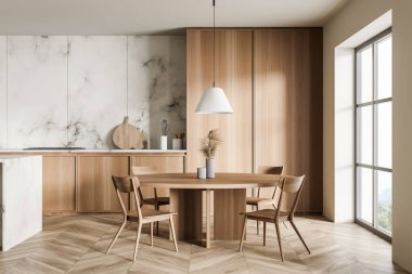 Panoramik pencereli parlak mutfak odası, dört sandalye, yemek masası, parke zemin, dolap, lavabo, elektrikli fırın, sıvı sabun, yağ ve masalar. Çağdaş minimalist tasarım. 3d oluşturma