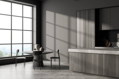 Gri mutfak odası içi masa ve gri beton zeminde dört koltuk, yan görüş, kırsal alanda pencere. Sofrası, lavabosu ve ahşap rafları olan yemek odası, üç boyutlu görüntüleme.