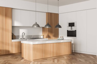 İçi masa, lavabo ve soba, güverte mutfak gereçleri ve tabaklar, yan görüş. Ahşap zeminde minimalist lüks mutfak, 3 boyutlu.