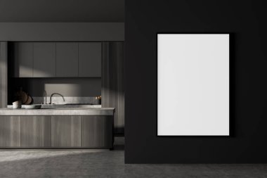 Minimalist yemek odasının içinde koyu ahşap raflar, masa ve lavabo, beton zemin. Boşluk çerçevesini siyah duvara kopyala, 3B oluşturma