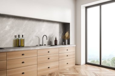 Beyaz mutfak manzarası, gri arka kaplama, yerden tavana pencere, dolap çekmeceleri, modern musluk tasarımı ve parke döşemesi. Minimalist bir kavram. 3d oluşturma