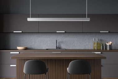 İki bar koltuğu, ahşap masa, lavabo ve mutfak gereçleri ve önü manzaralı şık bir iç mekan. Minimalist mobilyalı lüks mutfak, 3 boyutlu görüntüleme