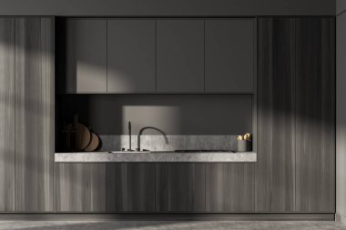 Masa, lavabo ve soba, mutfak gereçleri ve kesim tahtası, ön manzara. Beton zeminde gri lüks mutfak, 3 boyutlu.