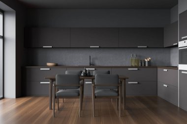 Gri köşeli mutfak, minimalist dolaplar, dört sandalyeli yemek masası ve koyu ahşap parke zemin. Modern tasarım kavramı. 3d oluşturma