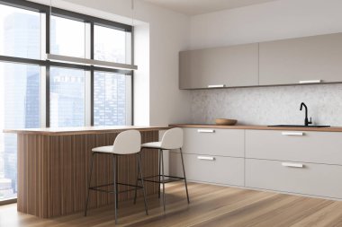 Açık bej tasarımlı mutfak dolabı, iki tabure panoramik pencerenin yanında ahşap bar masası, beyaz duvarlar ve parke zemin. Modern minimalist iç mekan kavramı. Köşe manzarası. 3d oluşturma