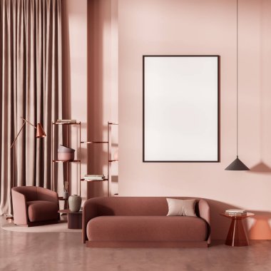 Bekleme odasında, beton zeminde iki koltuk, dekorasyon ve kitaplarla dolu raflar. Minimalist, parlak misafir sanat odası. Boşluk tuval çerçevesini kopyala, 3B görüntüleme