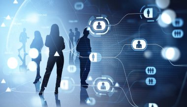 İş adamları siluetleri birlikte çalışıyor, kişi simgeleri ile çifte pozlama, veri profili bilgisi ile parlayan hologram, işe alma ve takım çalışması kavramı