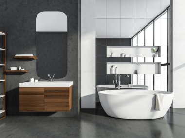 Yuvarlak aynalı gri beton banyo ve koyu ahşap kibrin üzerinde iki küçük raf. Küvet bölgesindeki ayna duvarlı fayanslar özel detaylarla dolu. Modern iç tasarım kavramı. 3d oluşturma