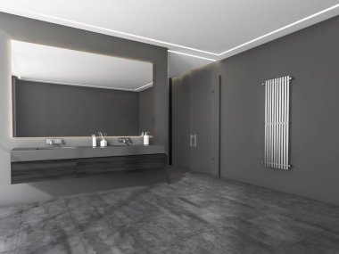Geniş, koyu gri duş odası, iki lavabo, ayna, doğrusal ışıklar, havlu asacağı, cam kapı ve zemin fayansları. Modern tasarım kavramı. 3d oluşturma