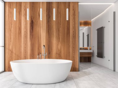 Beyaz küvet, beş kolye lambası, ahşap duvar, havlu asacağı, fayanslı zemin ve arka planda ayna olan lavabolar, modern trend kavramına bağlı banyo iç tasarımı. 3d oluşturma