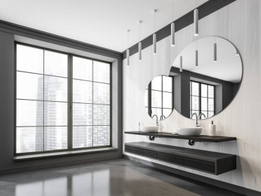 Panoramik banyo iç tasarımı, gri renk, yaratıcı ayna, beyaz ahşap duvar, iki leğen, kolye ışıkları ve beton zemin. Gösteriş alanı kavramı. Köşe manzarası. 3d oluşturma