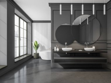 Yaratıcı raf süsleme alanı olan banyo ve beyaz ahşap arka planda oval seramik küvet. İç tasarım gri. Modern daire kavramı. 3d oluşturma