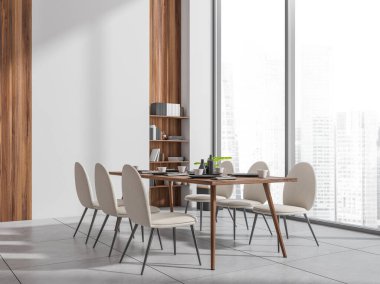 Boş beyaz duvarı olan panoramik ofis yemek odasının köşesi, raf, ahşap malzemeler, altı bej sandalye, kapalı yer bitkisi ve gri fayanslar. Modern tasarım kavramı. 3d oluşturma
