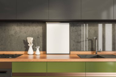 Minimalist yemek odasının içinde yeşil ahşap güverte, mutfak gereçleri masada ve soba ile lavabo. Uzayın fotoğraf çerçevesi menüsünü ve tarifini kopyala, 3B oluşturma