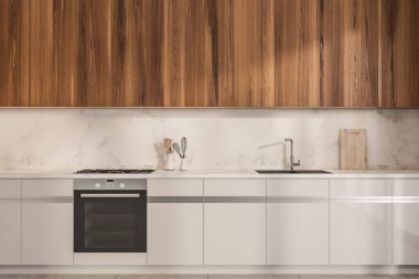 İçi ahşap beyazı yemek masası, lavabo ve fırın, mutfak gereçleri ve aletlerle dolu. Lüks mutfak ve fırın, beton zemin, 3 boyutlu döşeme