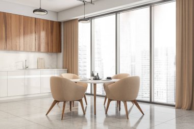 Ahşap mutfak odası içi masa ve dört bej koltuklu, panoramik pencereli gökdelenler. Lavabolu ve raflı hafif pişirme odası, 3 boyutlu.