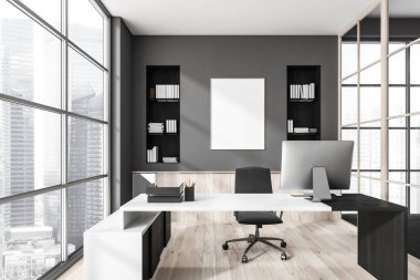 Gri ofis duvarında iki ahşap çıkıntılı tuval, bodrum katı, parke zemin, kişisel masa, panoramik manzara ve çerçeve cam duvar. Modern iç tasarım kavramı. Modelleme. 3d oluşturma