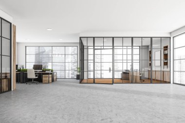 Panoramik manzaralı şirket salonu, gri beton zemin, çerçeveli cam duvarlı ofisler ve işyerleri olan açık alanlar. Modern iç tasarım kavramı. 3d oluşturma