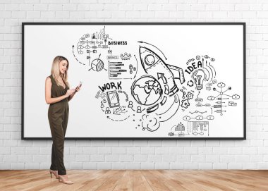 Ofisteki kadın cihaz kullanıyor, beyaz tahta ve başlangıç karalaması. Ampul, grafikler, finansal analiz ve roket fırlatma. Ürün ve iş planı kavramı