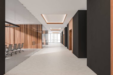 Panoramik pencereli karanlık ofis salonu, rahat koltuklar, cam duvar, masa ve beton zemin. Çalışma süreci için mükemmel bir yer. Minimalist tasarım. 3d oluşturma