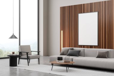 Gri koltukları ve lambası olan dinlenme odası dekorasyonlu kahve masası, yan manzaralı, kırsal manzaralı pencere, gri beton zemin ve halı. Boşluk çerçevesini ahşap duvara kopyala, 3 boyutlu görüntüleme