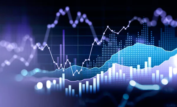 Aktiemarknadens Tillväxt Affärsområden Och Glödande Grafhologram Blå Och Violett Finansiellt — Stockfoto