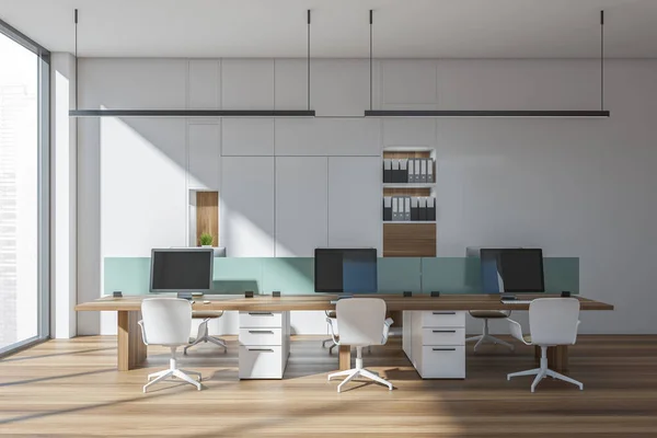 Bureau Blanc Moderne Avec Lumières Linéaires Détails Verts Design Intérieur — Photo