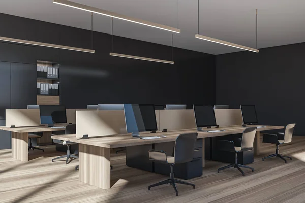 リニアライト付きのモダンなグレーとベージュのオフィス 内部のデザイン ワークステーションを使用して ニッチな棚と木の外観の床とミニマリストキャビネット 職場の概念 コーナービュー 3Dレンダリング — ストック写真