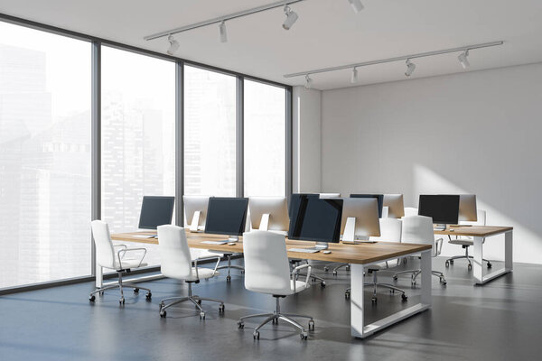 Corner view on bright office room interior with panoramic window, desktop, comfortable armchairs, desks and concrete floor. Perfect place for working process. Minimalist design. 3d rendering