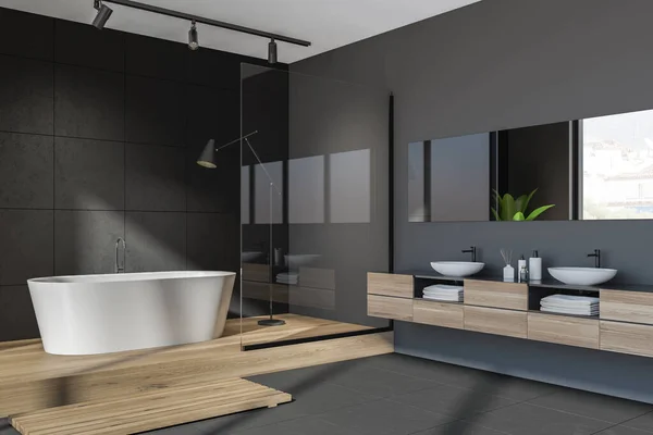 Interior Del Baño Negro Dos Lavabos Con Espejo Toallas Bañera — Foto de Stock