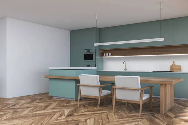 Vista Para Canto Interior Cozinha Verde Branca Com Luz Linear — Fotografia de Stock