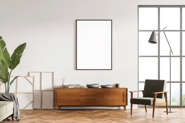 White living room area with sideboard, empty mock up canvas, window, single armchair with lamp and parquet flooring. Concept of modern house design. Scandi interior. 3d rendering