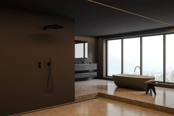 Rohový Výhled Tmavý Interiér Koupelny Vanou Sprchou Panoramatickým Oknem Betonovou — Stock fotografie
