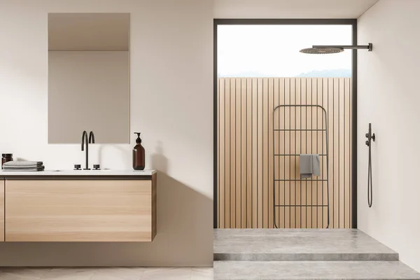 Beige Badezimmereinrichtung Mit Waschbecken Und Accessoires Auf Holzdeck Dusch Und — Stockfoto