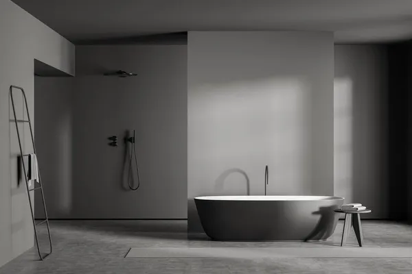 Banheiro Cinza Moderno Com Design Minimalista Chuveiro Conceito Aberto Banheira — Fotografia de Stock