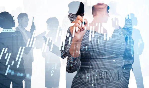 Bürofrau Hand Mit Stift Zeigen Auf Virtuellen Bildschirm Hud Börsenänderungen — Stockfoto