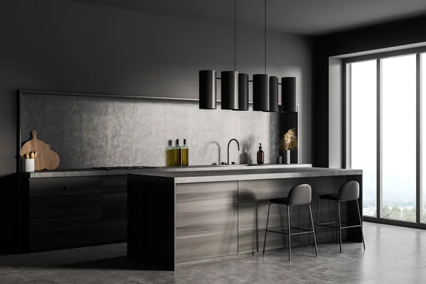 角落的暗灰色厨房与早餐吧的景象 简约的设计 采用现代室内时尚的概念 两个凳子 早餐吧 小生境和乙烯地板 3D渲染 — 图库照片