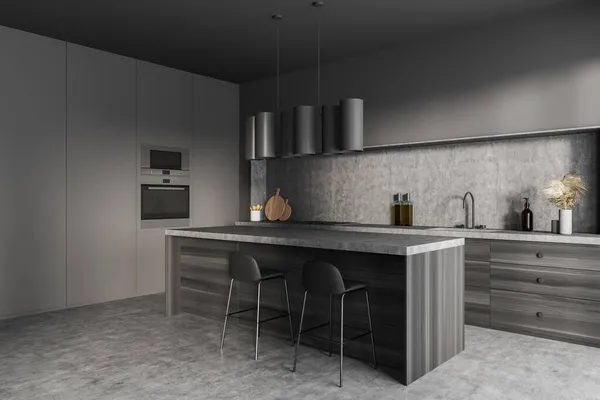 角落景观深灰色厨房与利基 早餐吧餐桌与两个黑色凳子 现代吊灯和混凝土地板 最小设计概念 3D渲染 — 图库照片