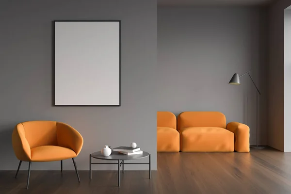 灰色和橙色座位区域的帆布 背景为客厅沙发 现代室内设计 采用单扶手椅 木地板和简约细节 创意概念 3D渲染 — 图库照片