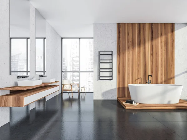 Moderno Espaço Banheiro Branco Cinza Interior Com Materiais Madeira Banheira — Fotografia de Stock