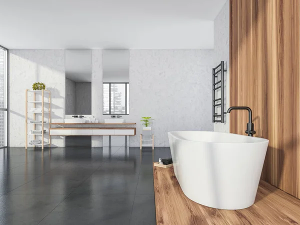 Modernes Weißes Und Graues Badezimmer Mit Materialien Holzoptik Ovaler Badewanne — Stockfoto