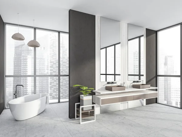 浴室内部角落 有米色浮华的虚荣和吊灯 两个典雅的镜子 灰色的墙壁 地砖和椭圆形的白色浴缸 现代公寓设计的概念 3D渲染 — 图库照片