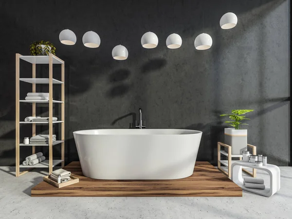 酒店温泉浴室 七盏吊灯挂在木制观景台浴缸 现代细节 架子单位旁边的深灰色墙壁和较轻的混凝土地板 室内设计的概念 3D渲染 — 图库照片