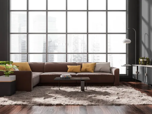 Interior Ruang Santai Bergaya Dengan Sofa Sudut Dan Bantal Meja — Stok Foto