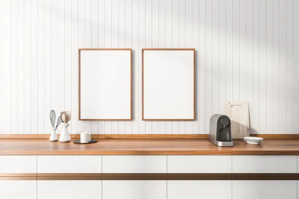 コーヒーマシン 食器類 プレートと机の上に2つの空の白いポスターで明るいキッチンルームのインテリアのビューを閉じます 現代的なミニマリストデザイン モックアップ 3Dレンダリング — ストック写真